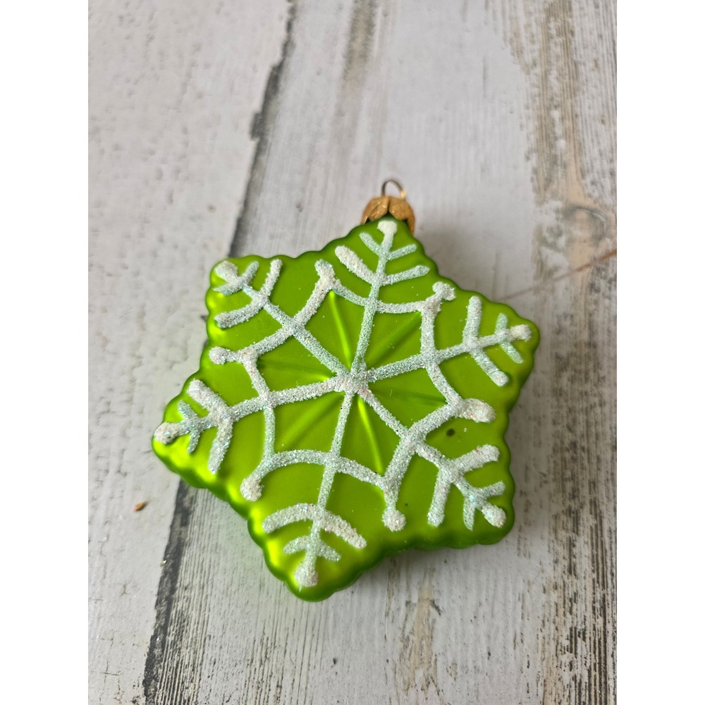 Vintage glitter green snowflake glass ornament sparkle lime green‎ tree